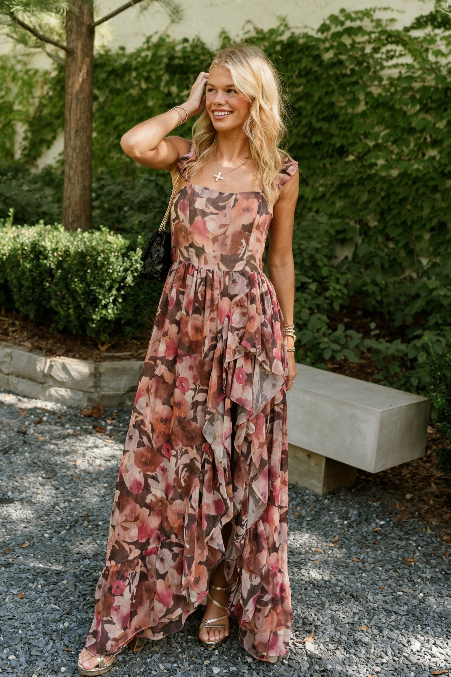  Daphne Brown & Pink Floral Ruffle Maxi Dress - full body fornt view