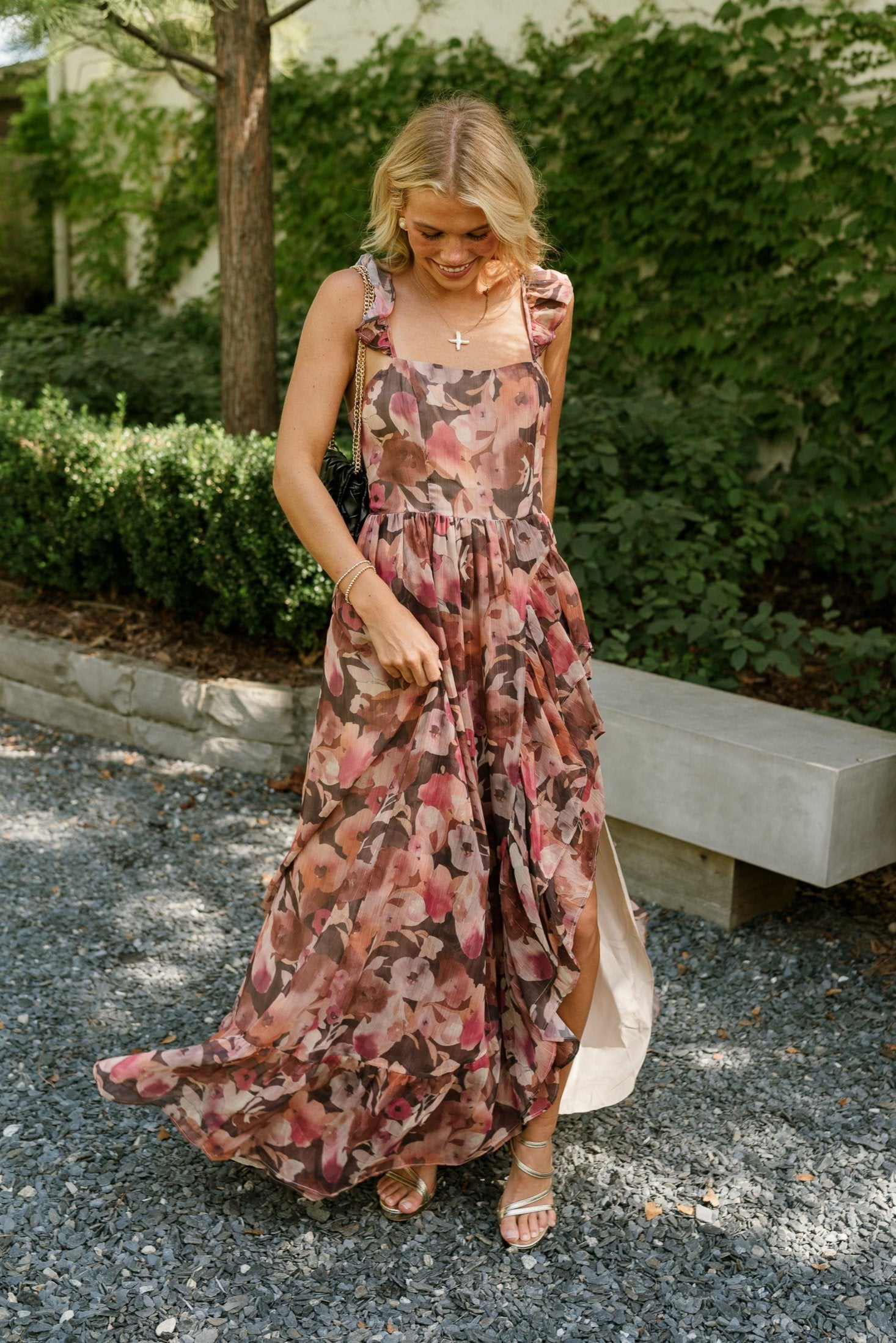  Daphne Brown & Pink Floral Ruffle Maxi Dress - full body fornt view