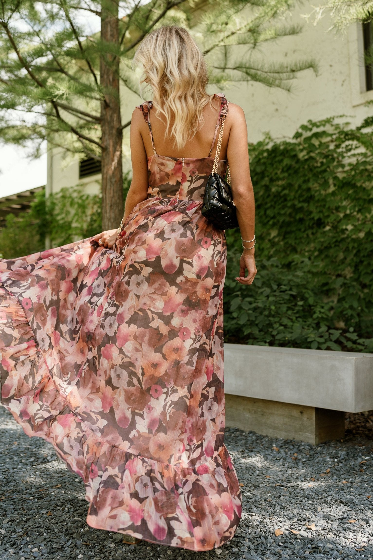 Daphne Brown & Pink Floral Ruffle Maxi Dress - Lizard Thicket Daphne Brown & Pink Floral Ruffle Maxi Dress - Lizard Thicket