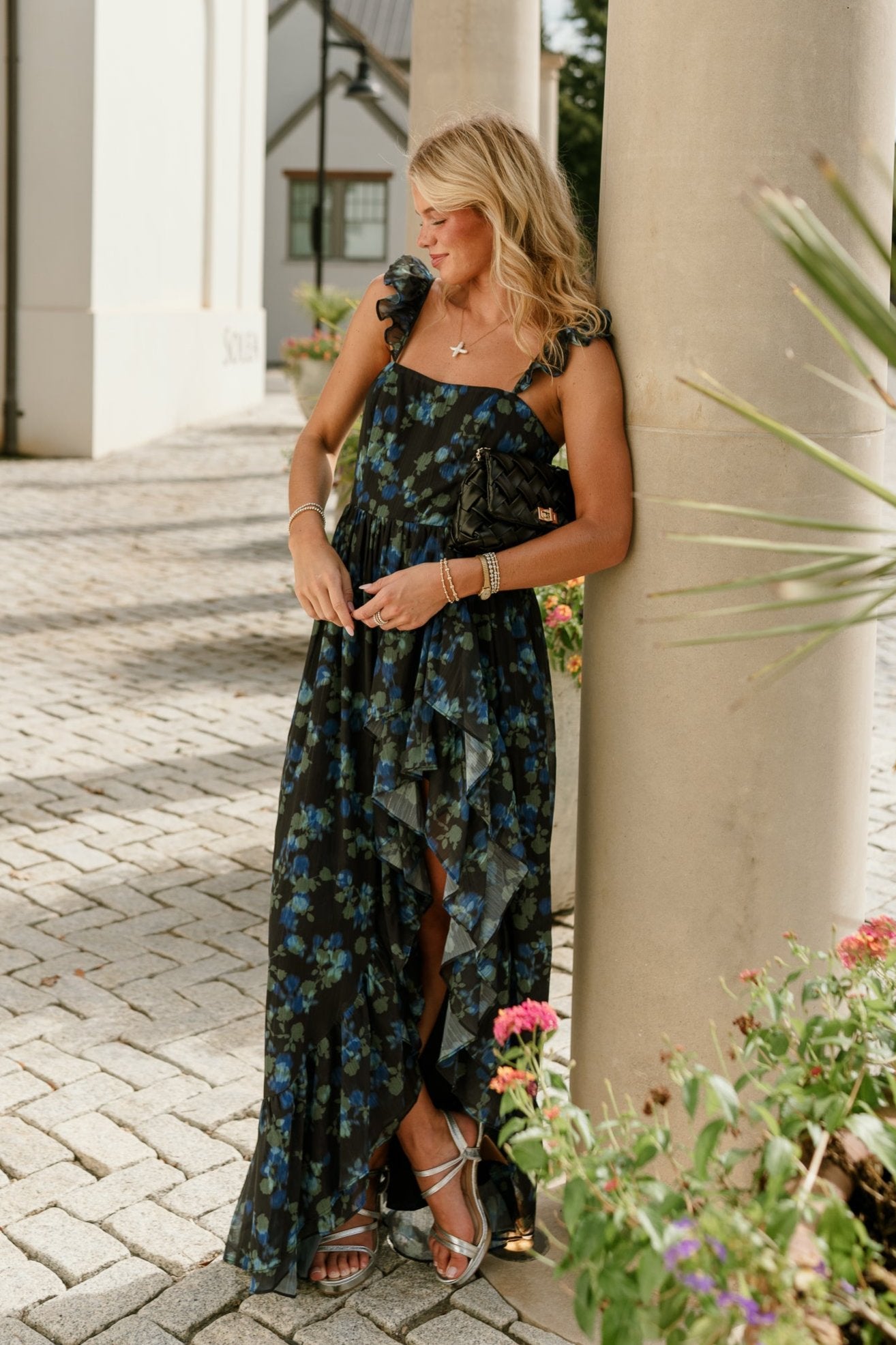 Daphne Black Floral Ruffle Maxi Dress - Full body front view