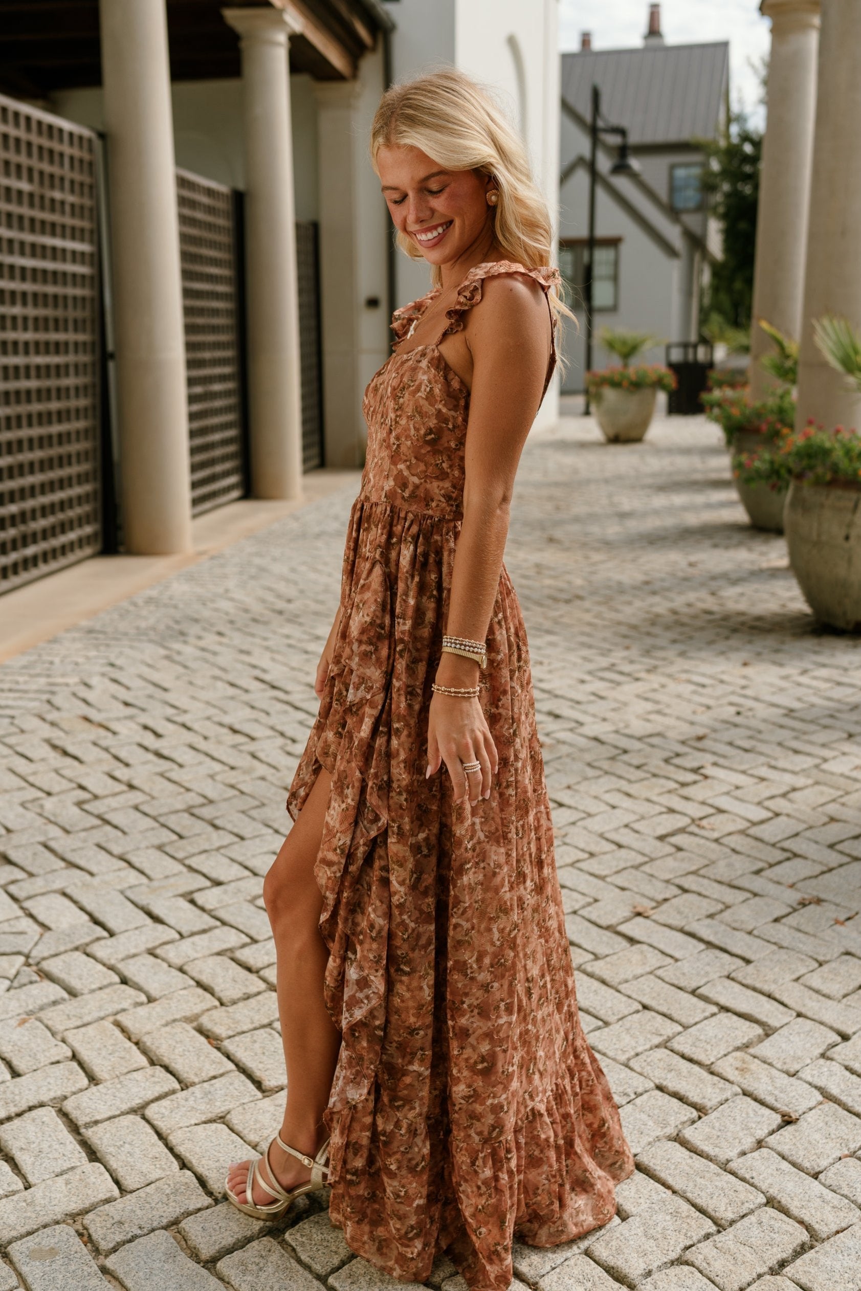 Daphne Brown Floral Ruffle Maxi Dress