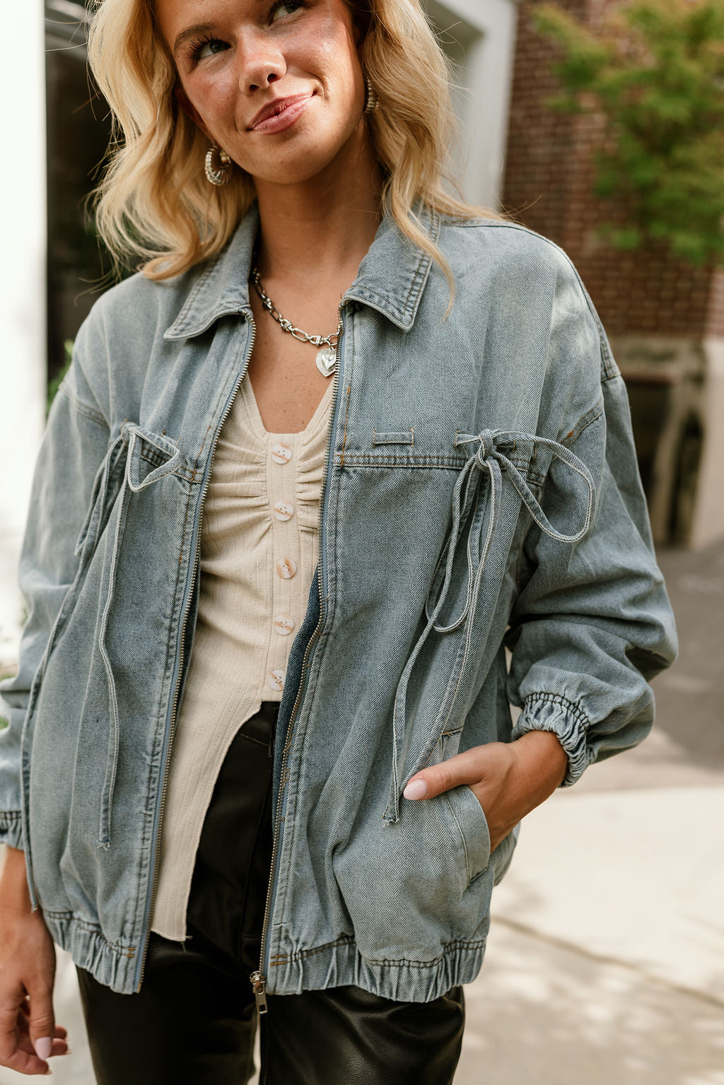 Cecelia Light Denim Tie Jacket- close up view