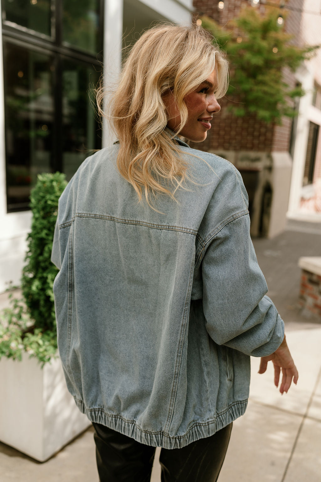 Cecelia Light Denim Tie Jacket- back close up view 