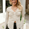 Emery Buttoned Flare Long Sleeve Top- beige - front view