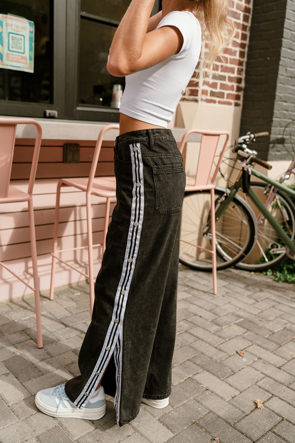 Lexi Black & White Stripe Buttoned Jeans- side view