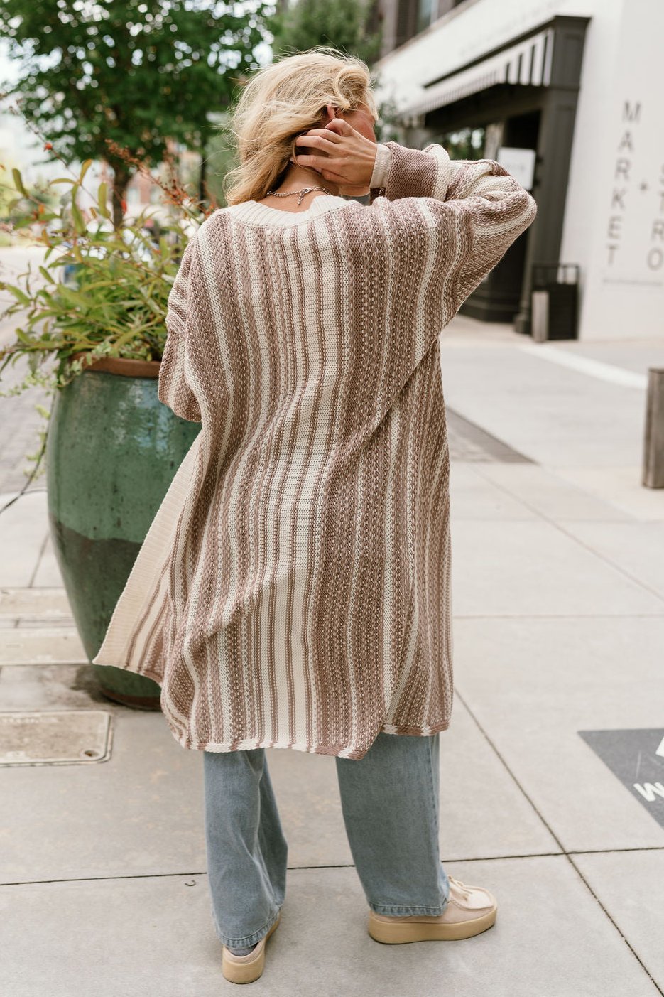 Alexa Cream & Mocha Stripe Knit Cardigan- full body back view