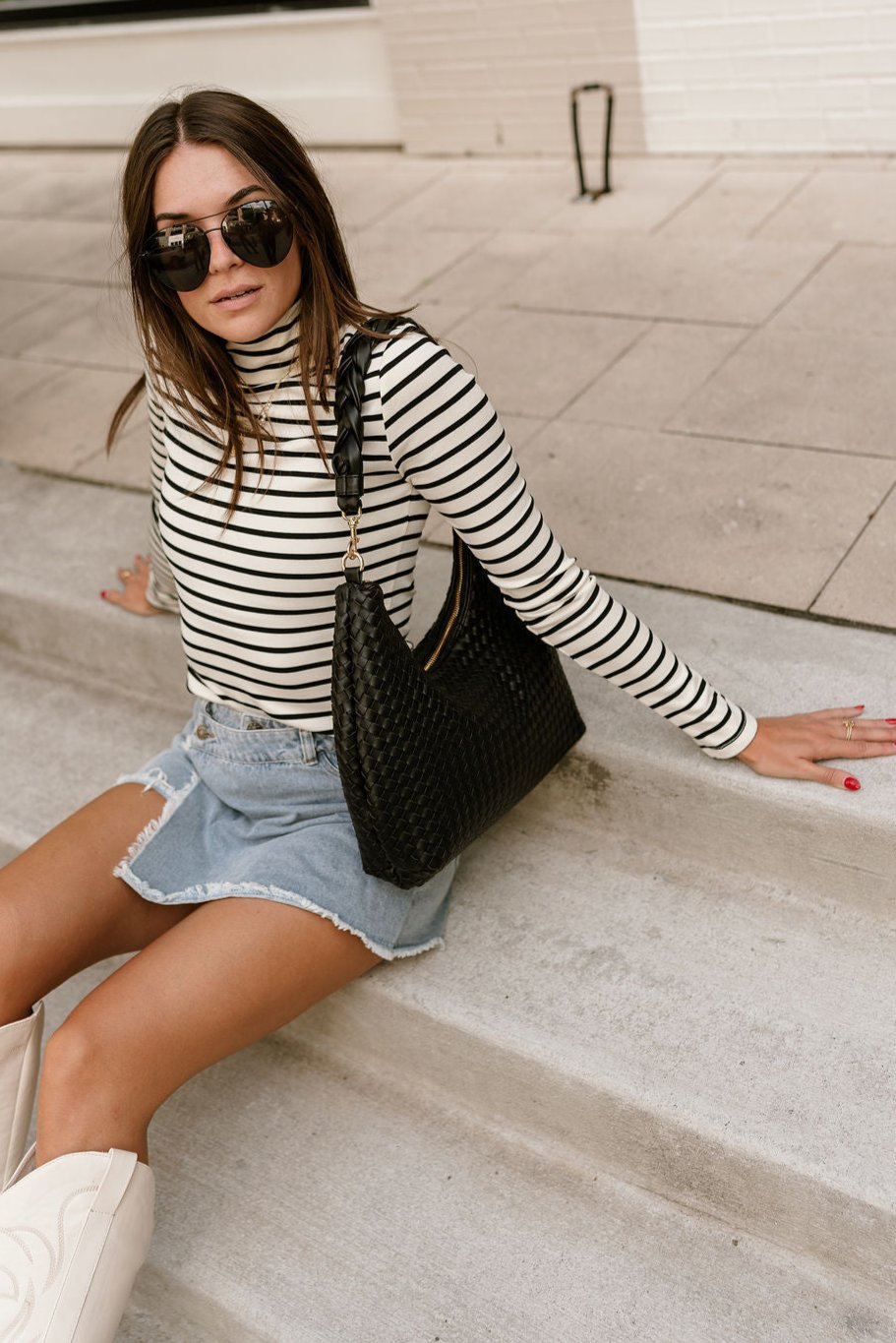 Sierra Cream & Black Stripe High Neck Top- front view