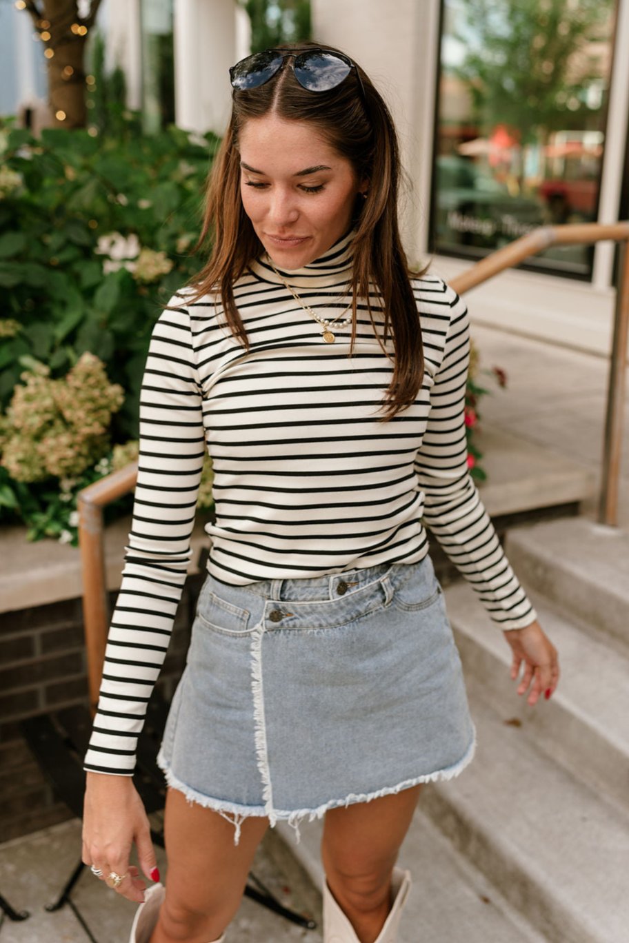 Sierra Cream & Black Stripe High Neck Top- front close up view