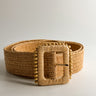 Front view of the Lyla Tan Rattan Beaded Belt which features Tan Woven Fabric and Tan Rattan Adjustable Buckle with Wooden Bead Details