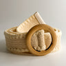 Front view of the Nova Woven Scalloped Adjustable Belt in Ivory which features Woven Fabric, Scalloped Edge Details and Adjustable Wooden Buckle