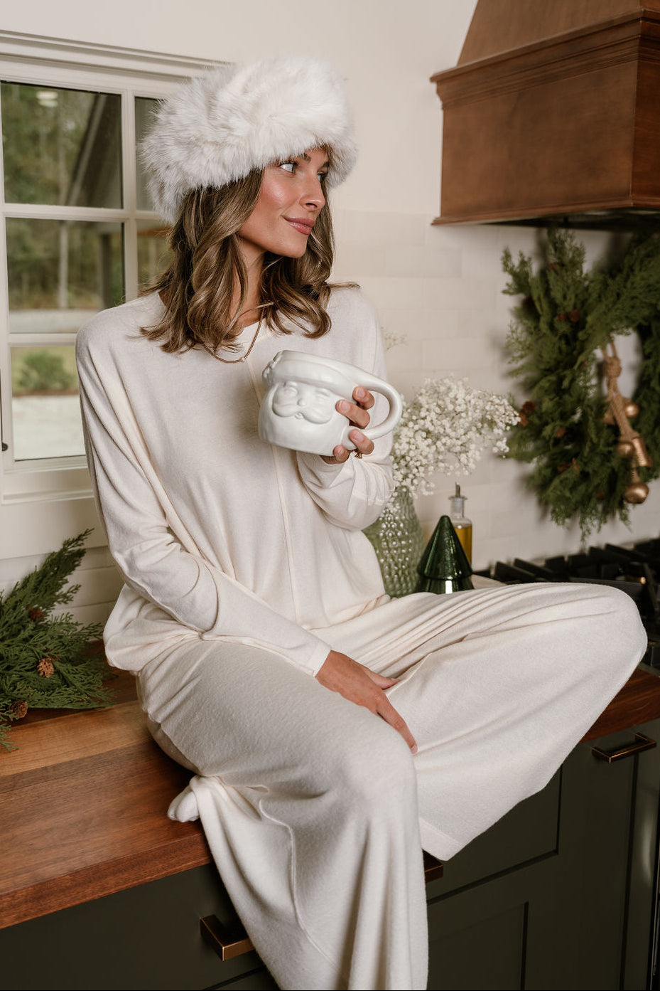 Charlotte Cream Loungewear Set- upper body front view sitting