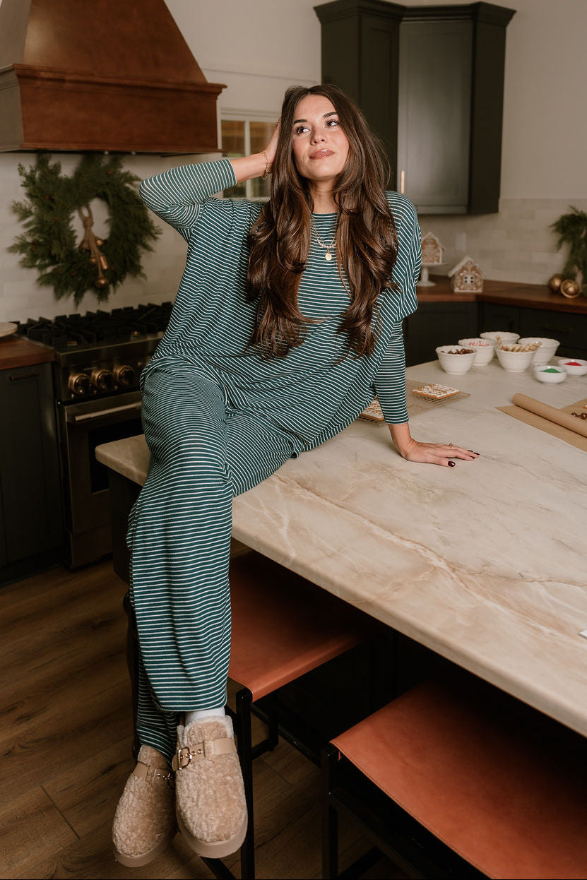 Blair Green & Cream Striped Loungewear Set - full front view sitting