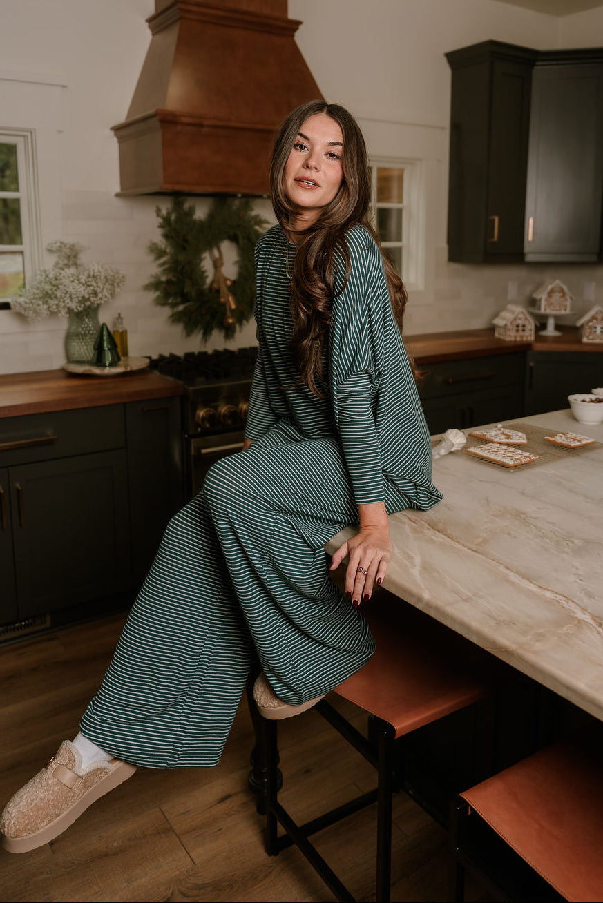 Blair Green & Cream Striped Loungewear Set - full side view sitting