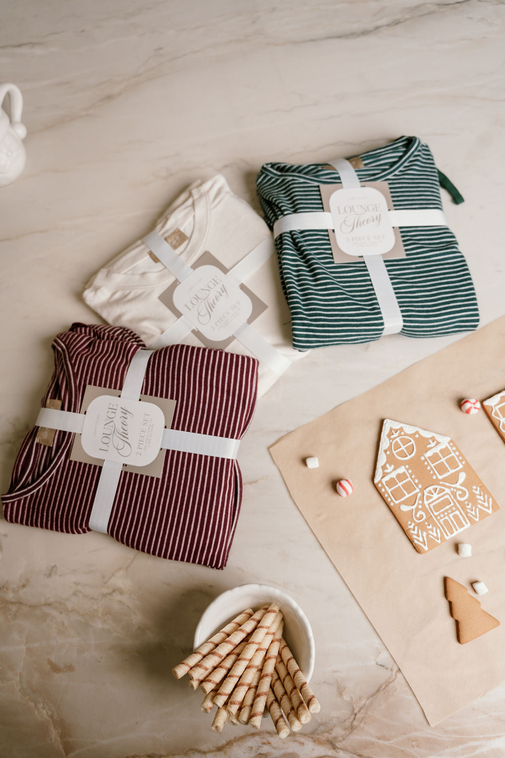 Blair Green & Cream Striped Loungewear Set - flat lay of all colors