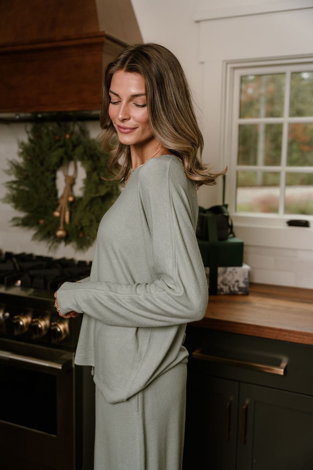 Charlotte Sage Green Loungewear Set - upper body side view