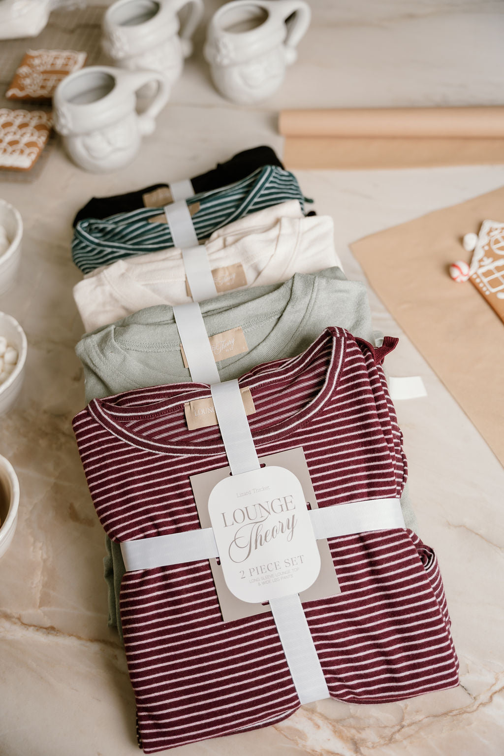 Blair Burgundy & Cream Striped Loungewear Set - flat lay of all colors