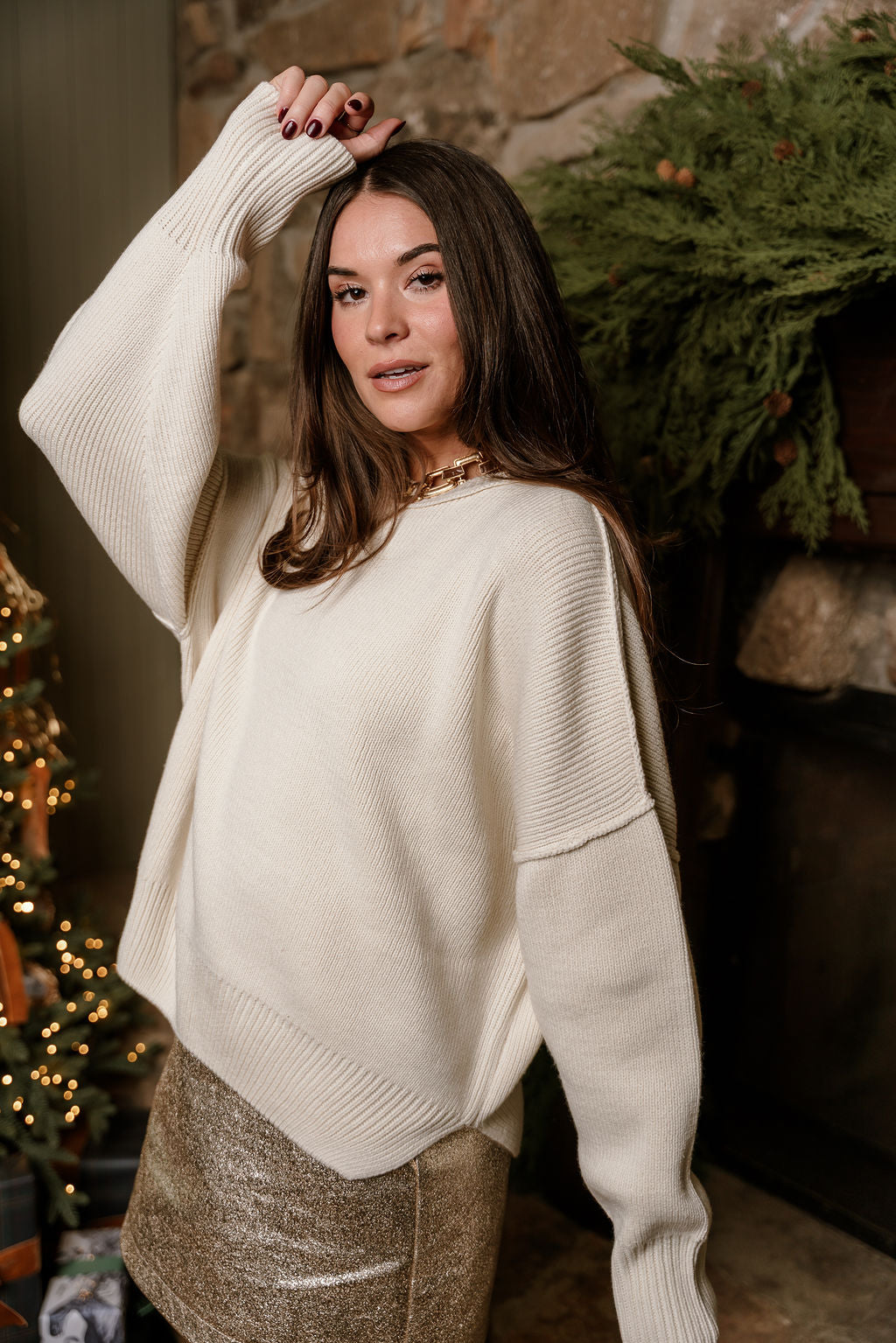 Alaina Cream Ribbed Knit Sweater- frontal side top view