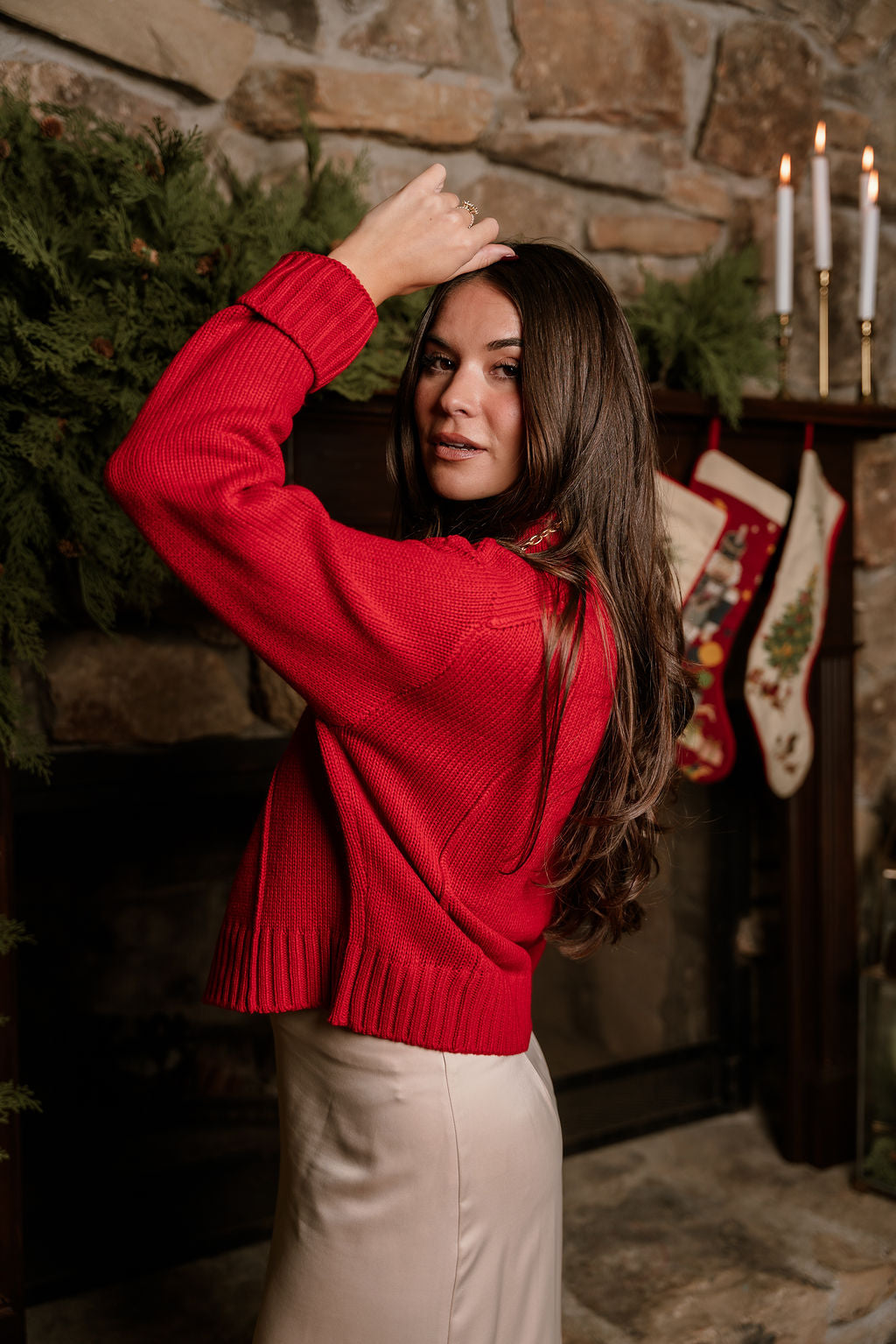 Selah Red Cable Knit Sweater- side view