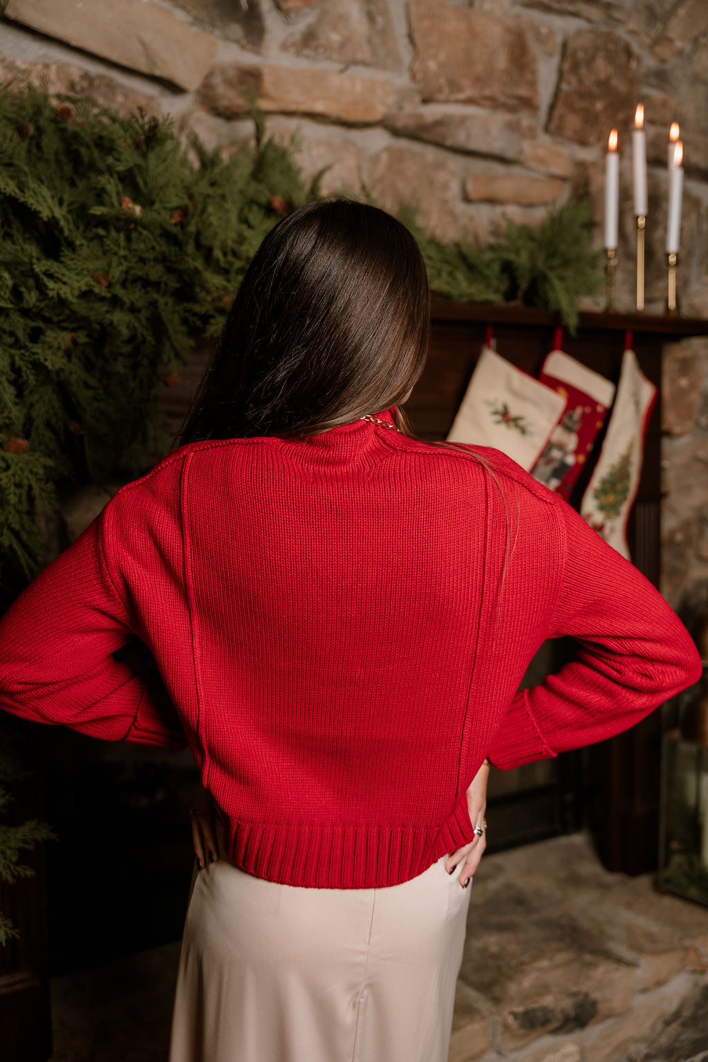 Selah Red Cable Knit Sweater- close up back view
