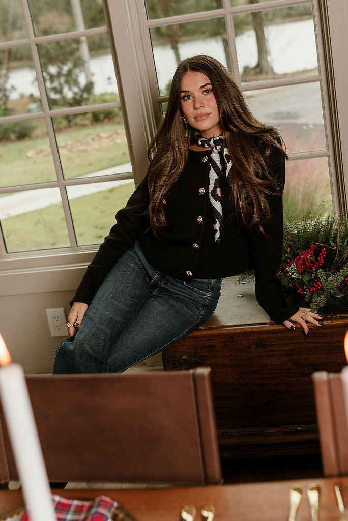 Delaney Black & Gold Button-Up Pocket Cardigan - front view with scarf