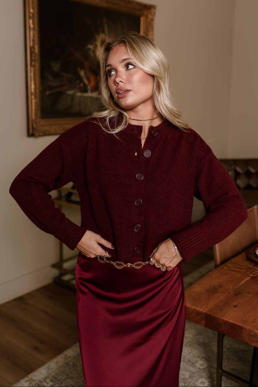 Bridgette Burgundy Side Slit Cardigan - upper body front view