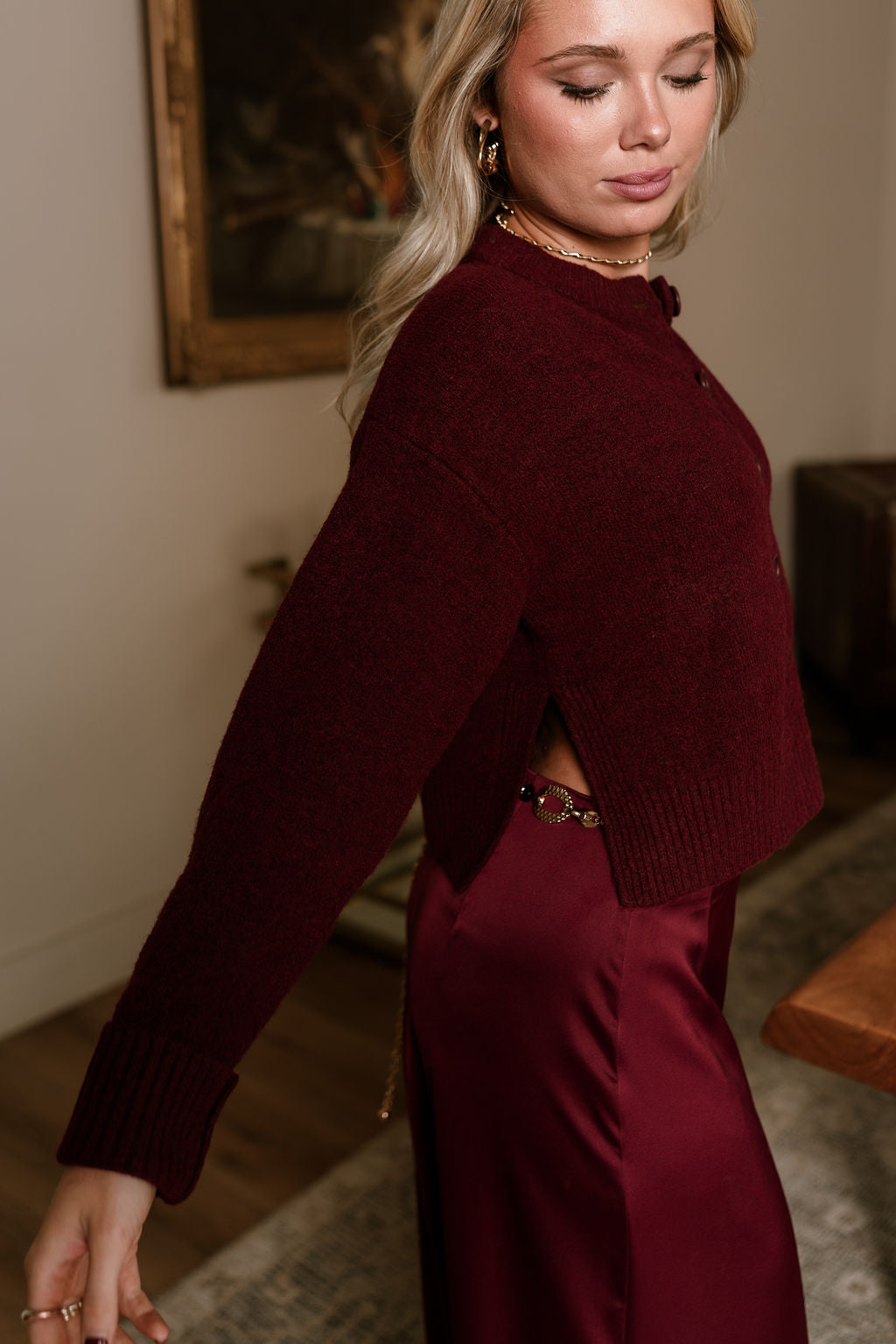 Bridgette Burgundy Side Slit Cardigan - side view