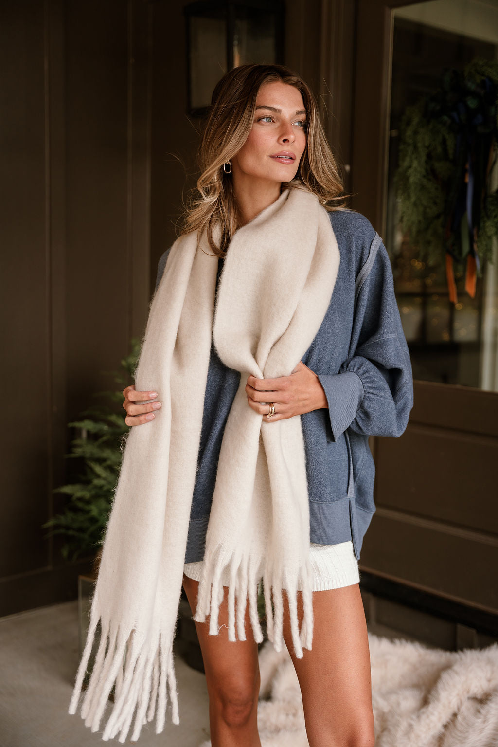 Marlowe Ivory Fringe Scarf - front