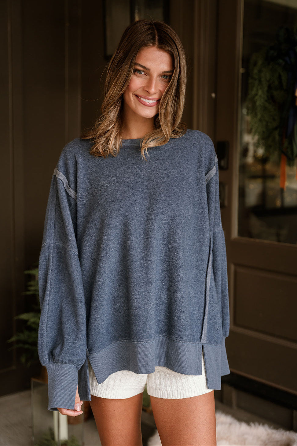 Nylah Dusty Navy Long Sleeve Sweatshirt- front top view