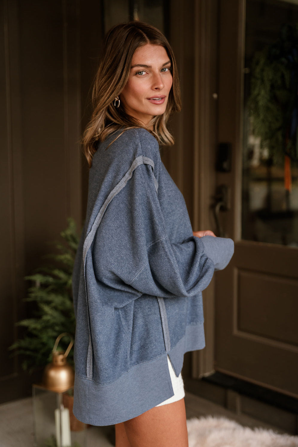 Nylah Dusty Navy Long Sleeve Sweatshirt- close up side view