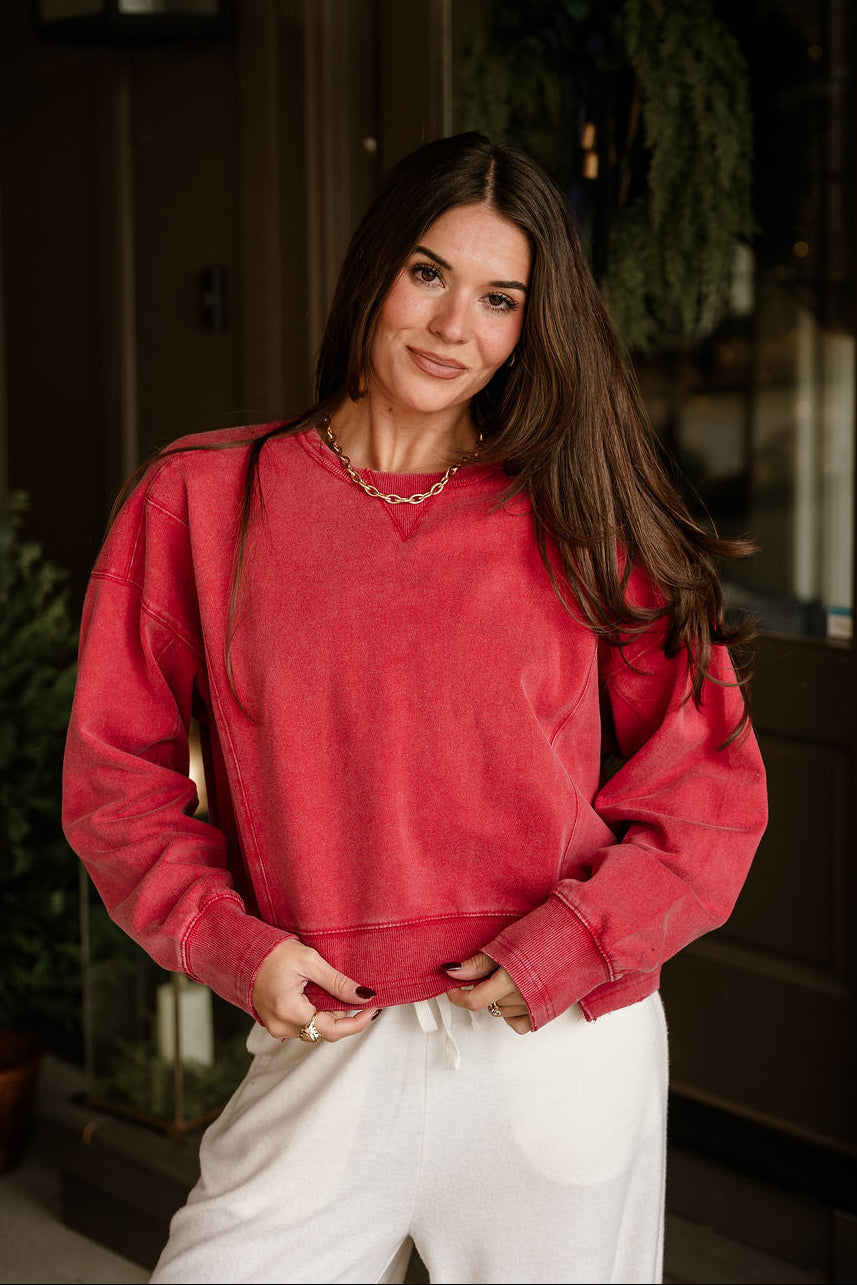 Harper Washed Red Long Sleeve Sweatshirt- top view