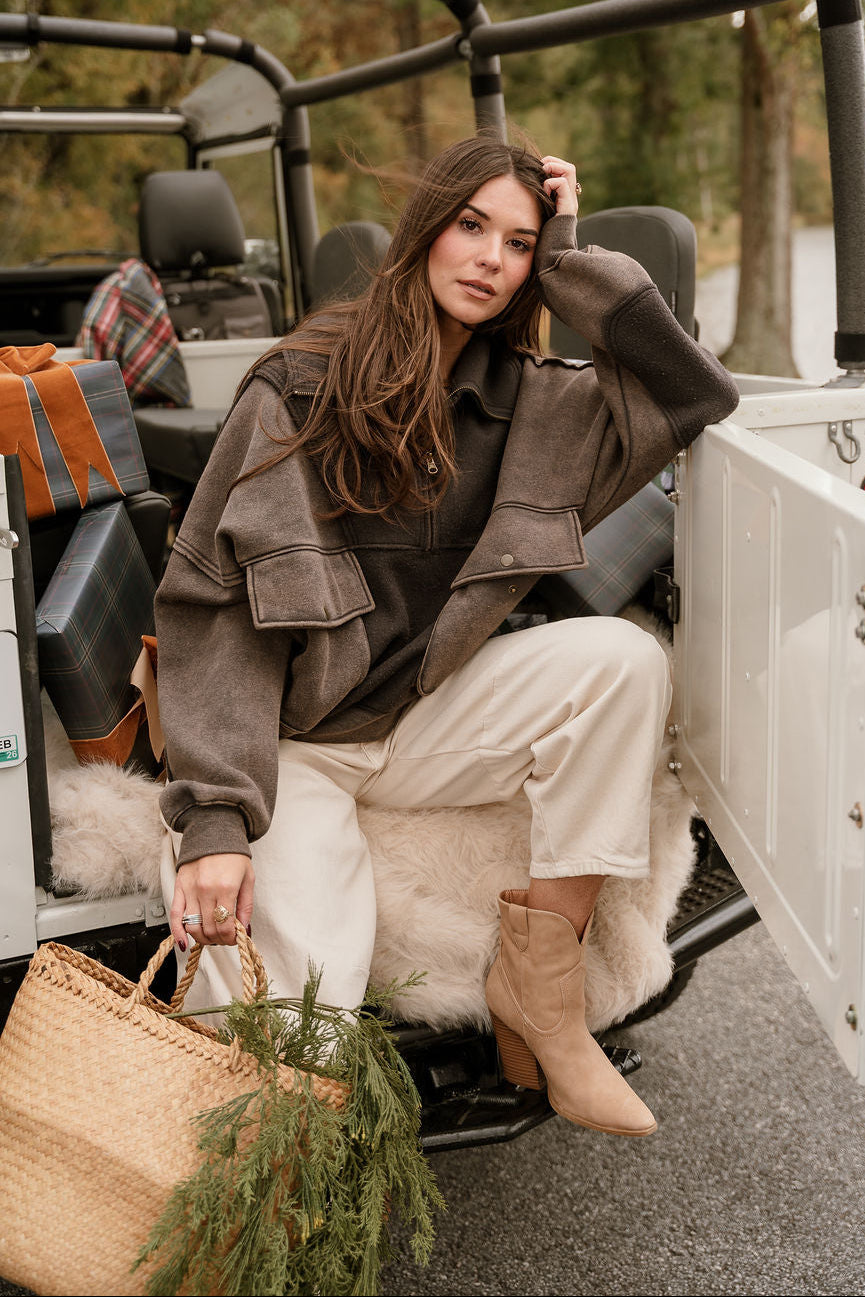 Stevie Washed Charcoal Grey Quarter Zip Pullover- front full view