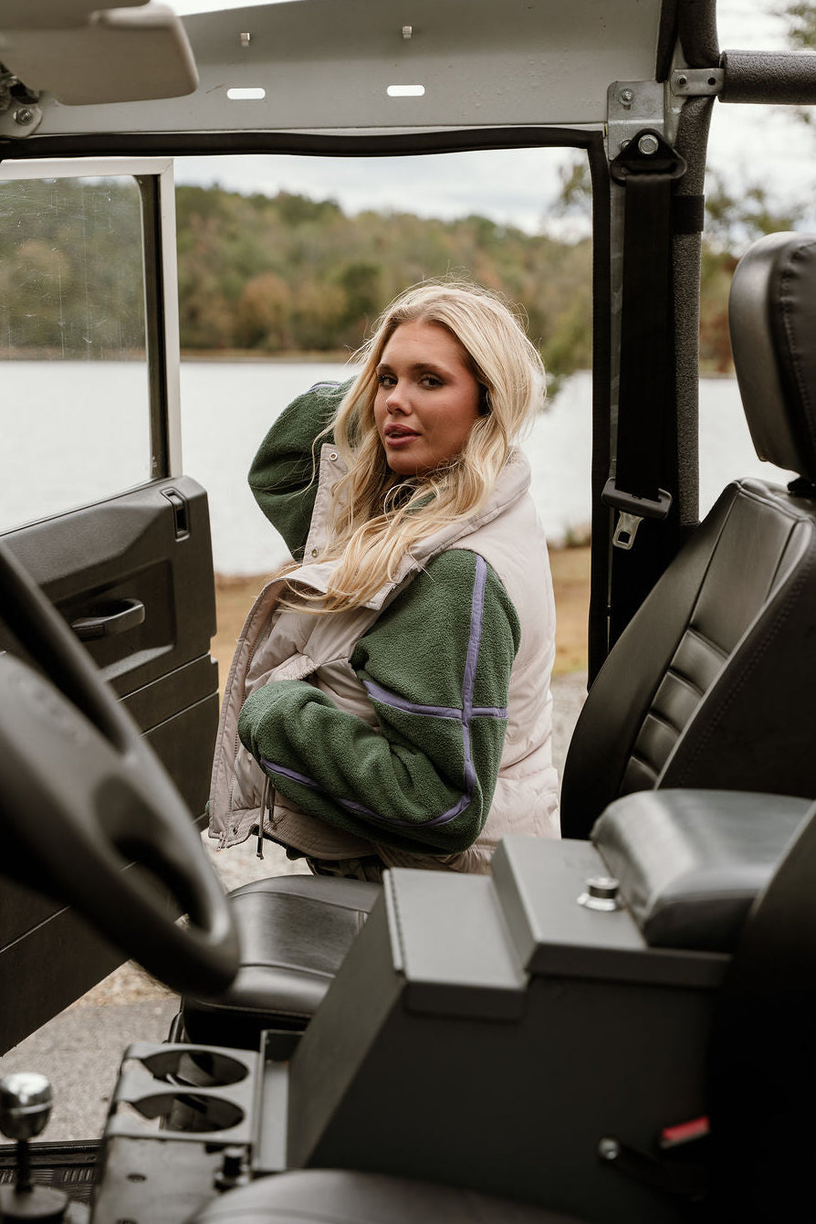 Gia Green & Lavender Quarter Zip Pullover- frontal side view