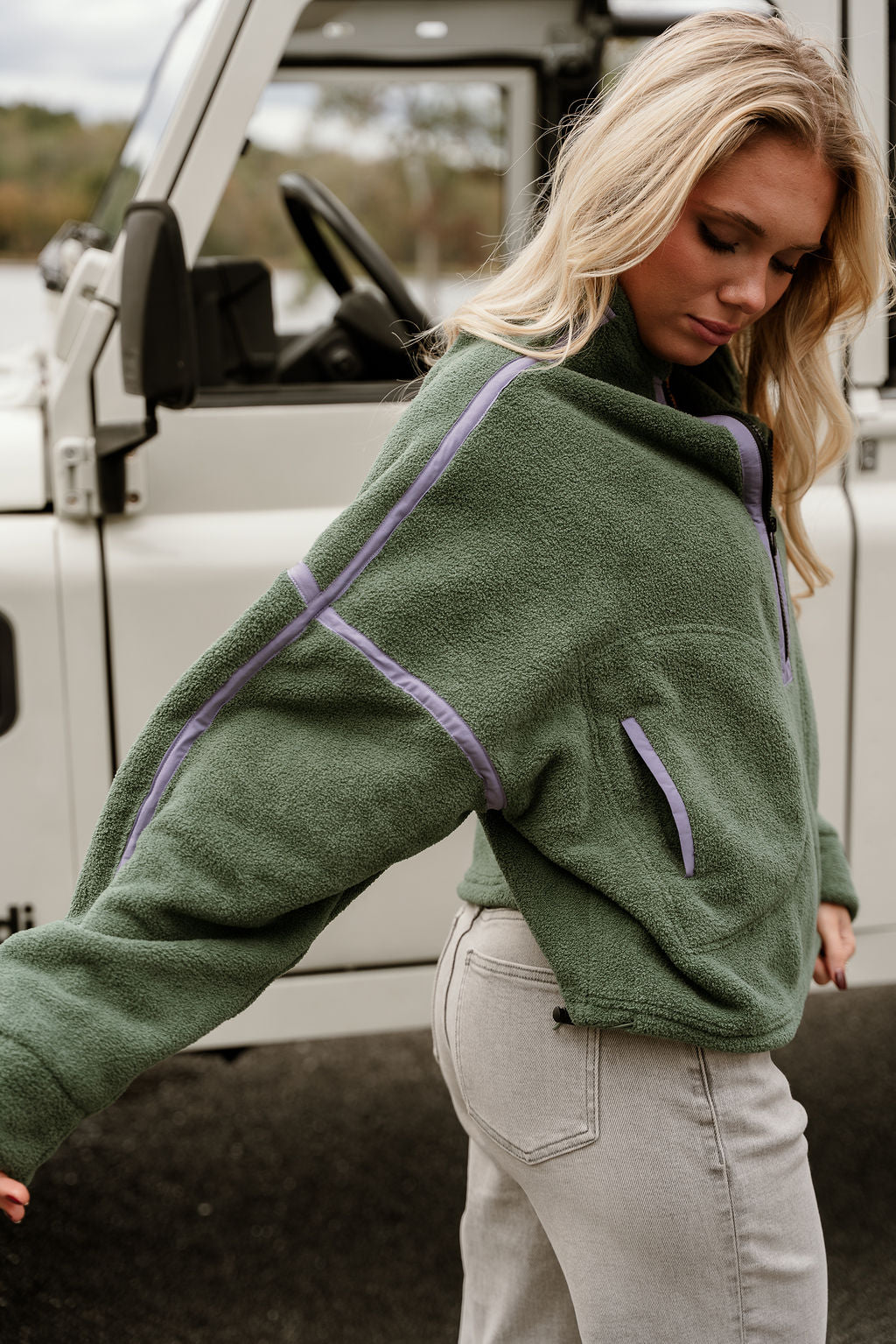 Gia Green & Lavender Quarter Zip Pullover- side view