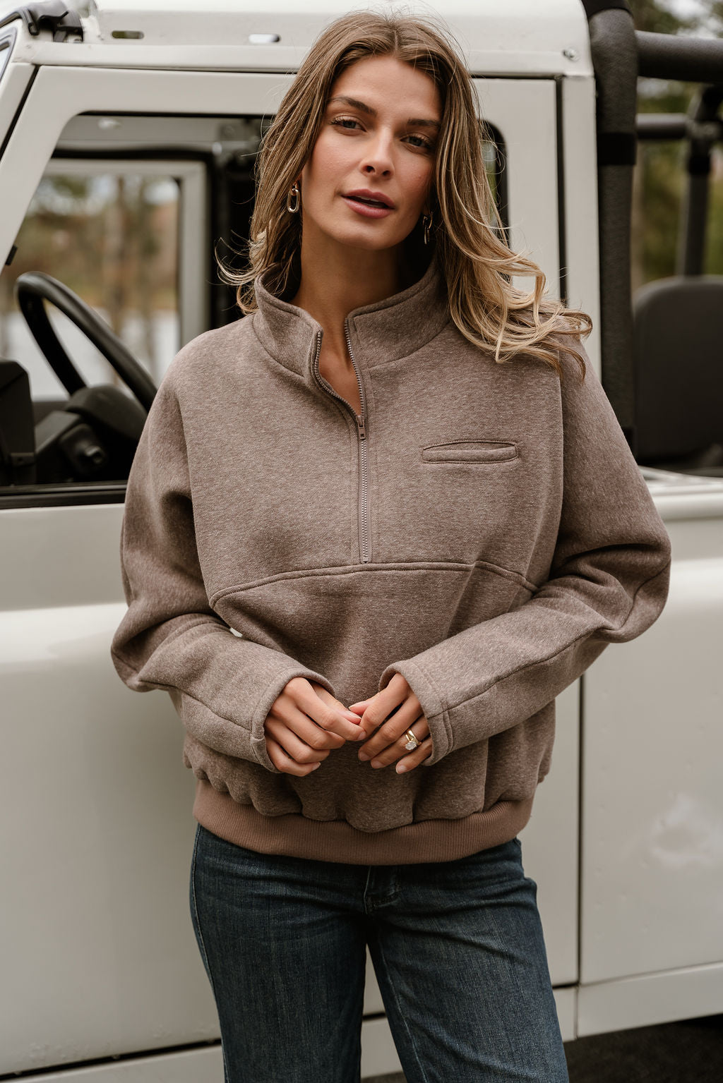 Dakota Brown Heather Quarter Zip Pullover- close up top view