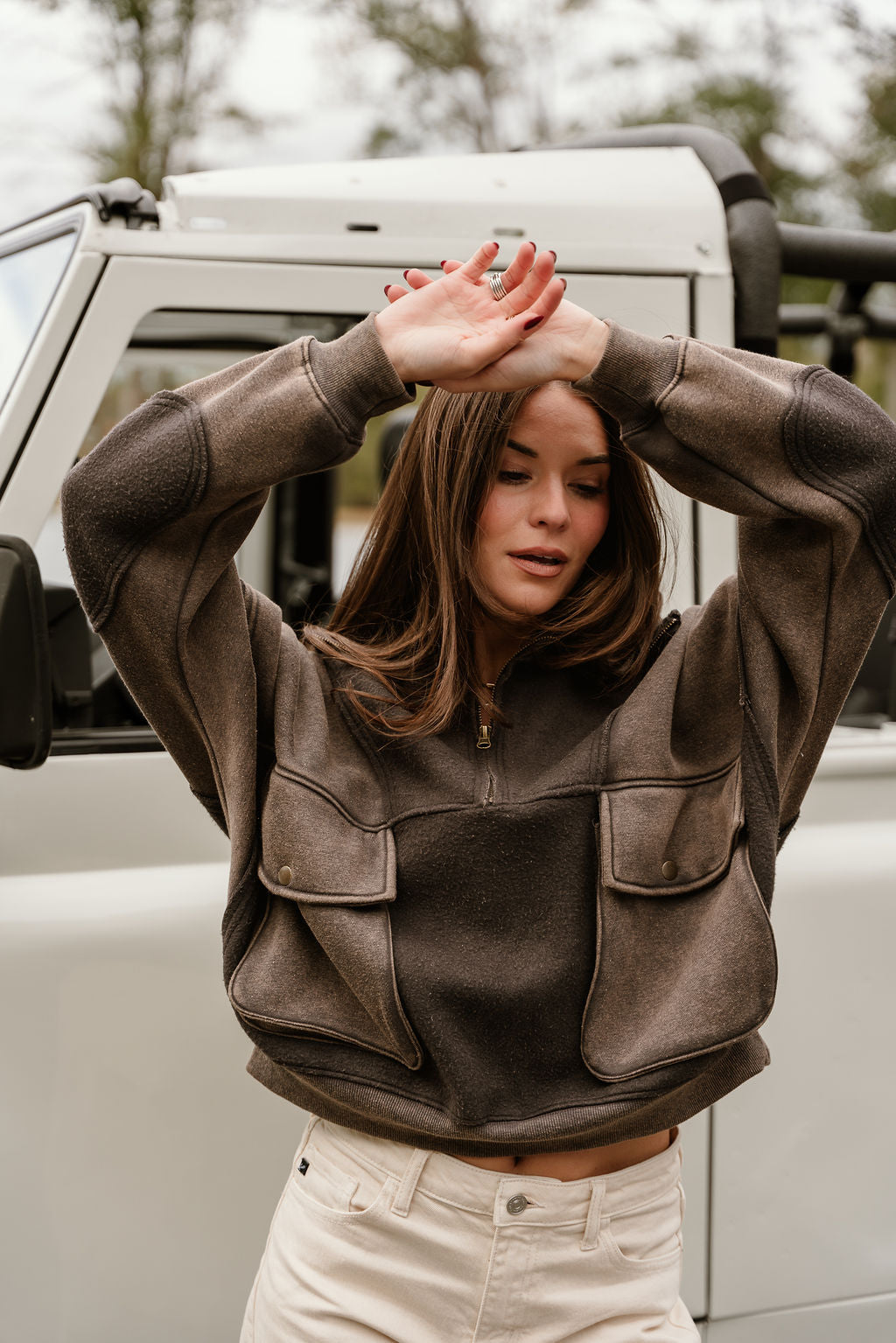 Stevie Washed Charcoal Grey Quarter Zip Pullover- front top view