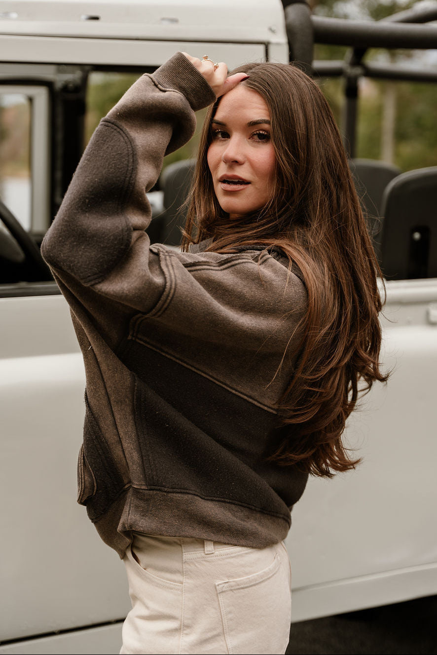 Stevie Washed Charcoal Grey Quarter Zip Pullover- close up side view