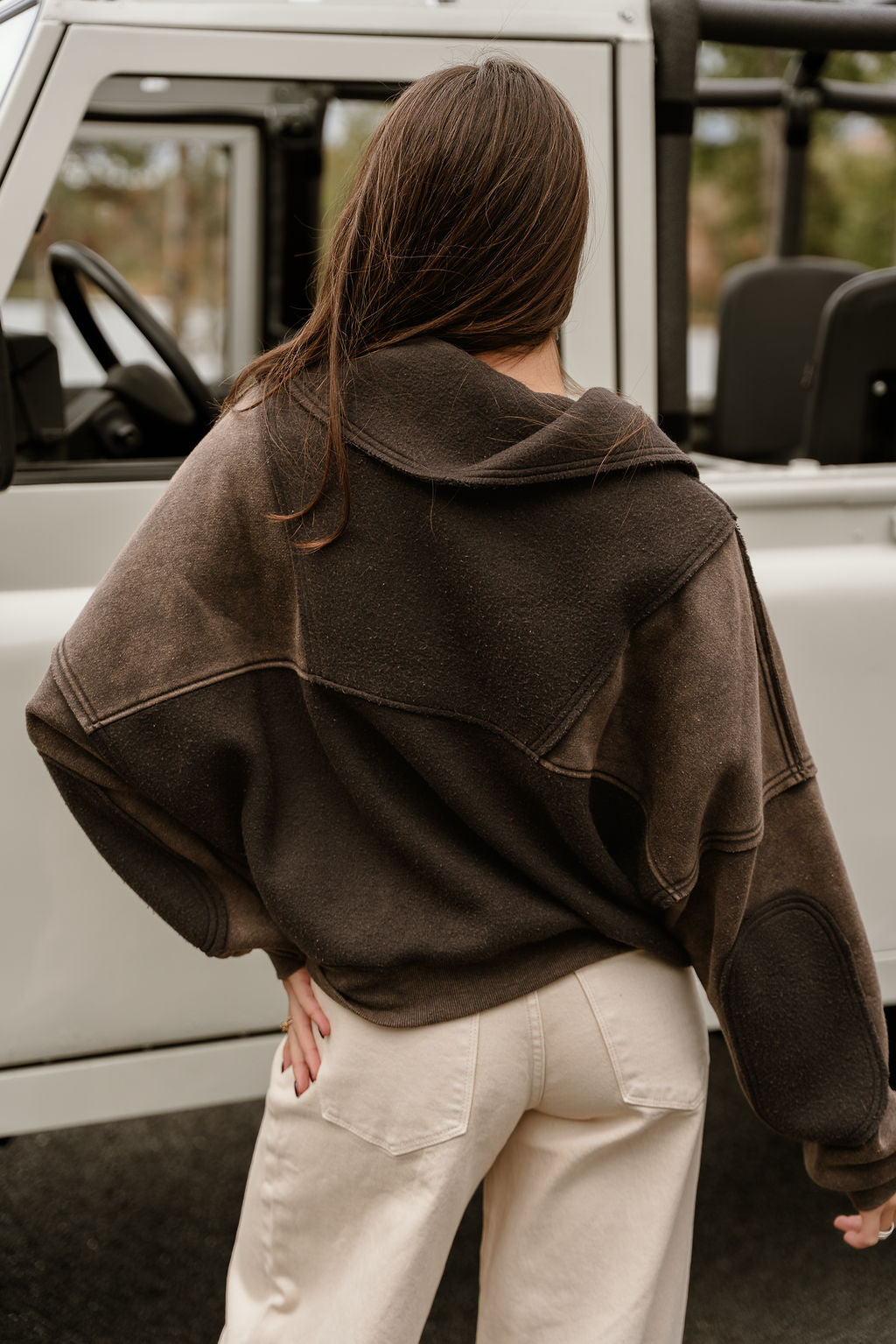 Stevie Washed Charcoal Grey Quarter Zip Pullover- close up back view