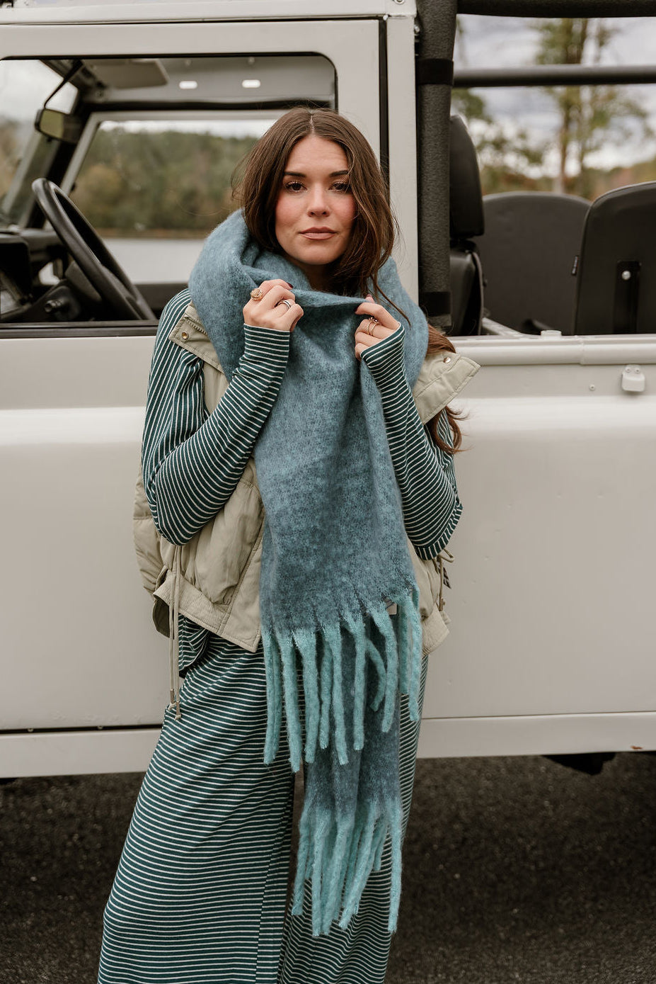 Leighton Blue & Teal Fringe Scarf - front view