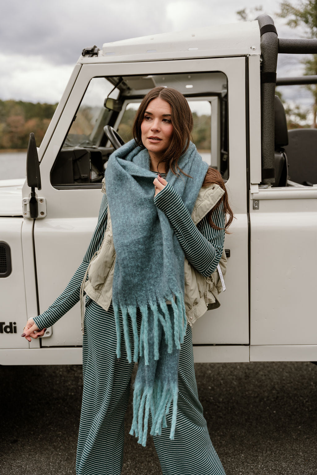 Leighton Blue & Teal Fringe Scarf - frontal view