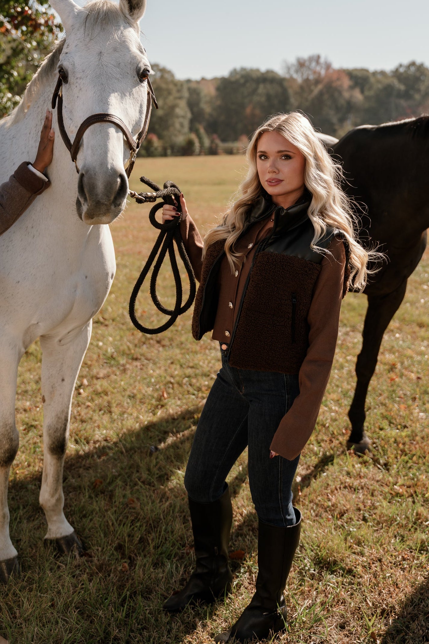 Layla Brown Shearling & Black Faux Leather Vest- full side view