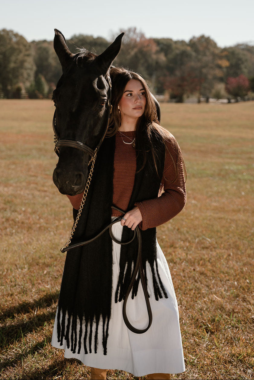 Marlowe Black Fringe Scarf - front view unwrapped