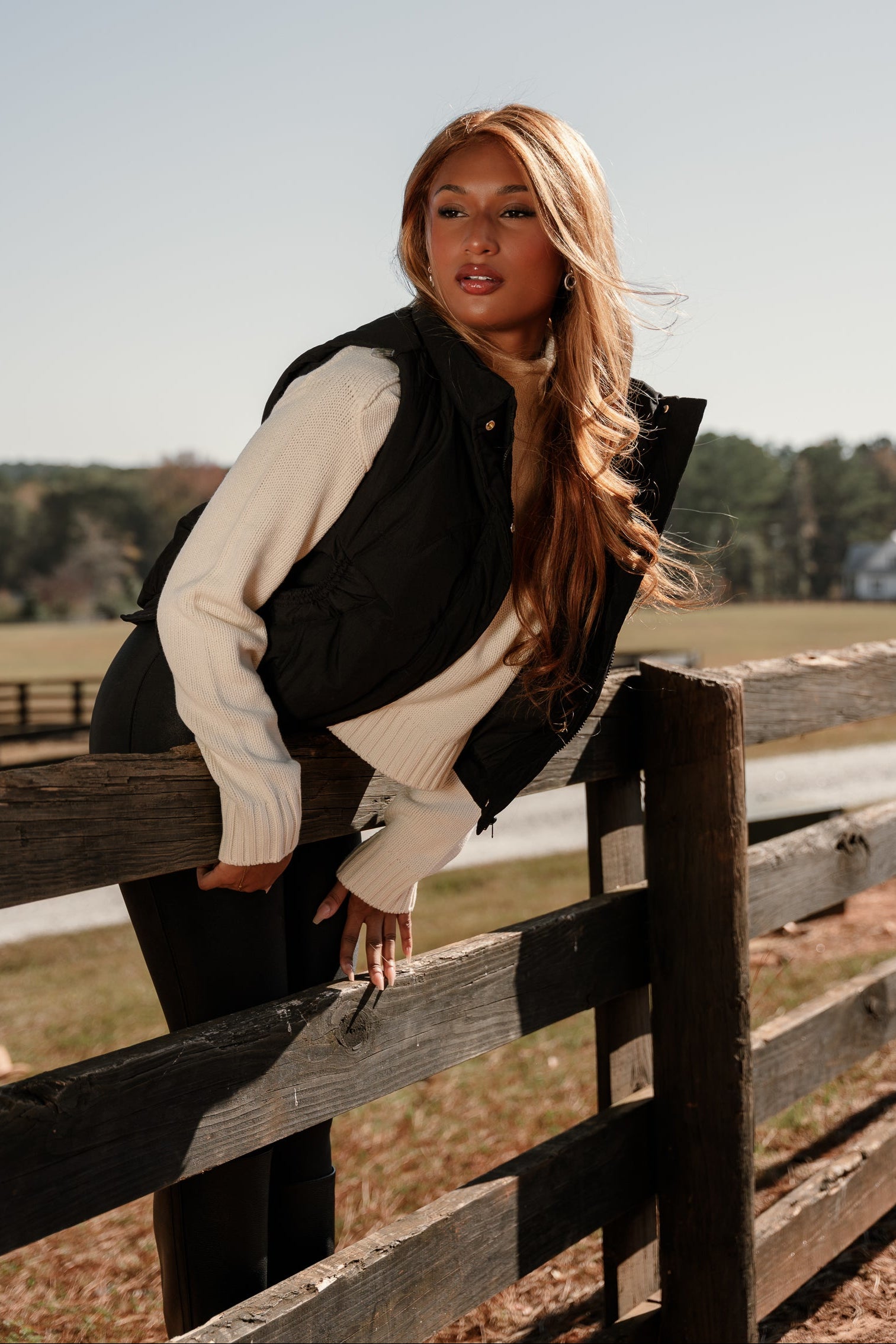 Vera Black Puffer Zip-Up Vest- full body side view