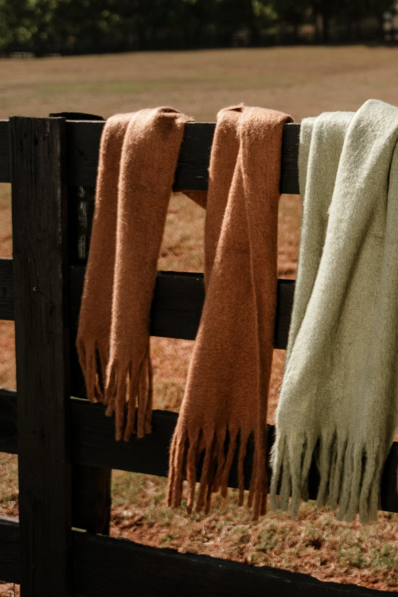 Marlowe Brown Fringe Scarf - close up on fence