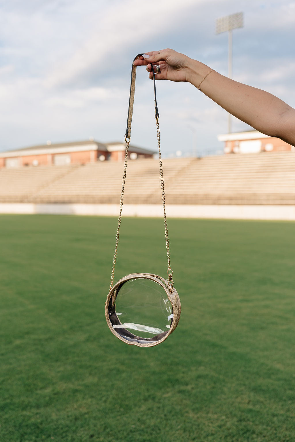 Model's hand is showing holding the Bianca Clear & Gold Round Purse against grass background.