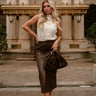 Emma Brown Faux Leather Midi Skirt- full body view
