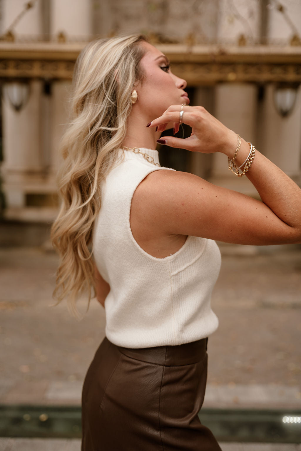 Olivia Cream Knit Sleeveless Top- side view