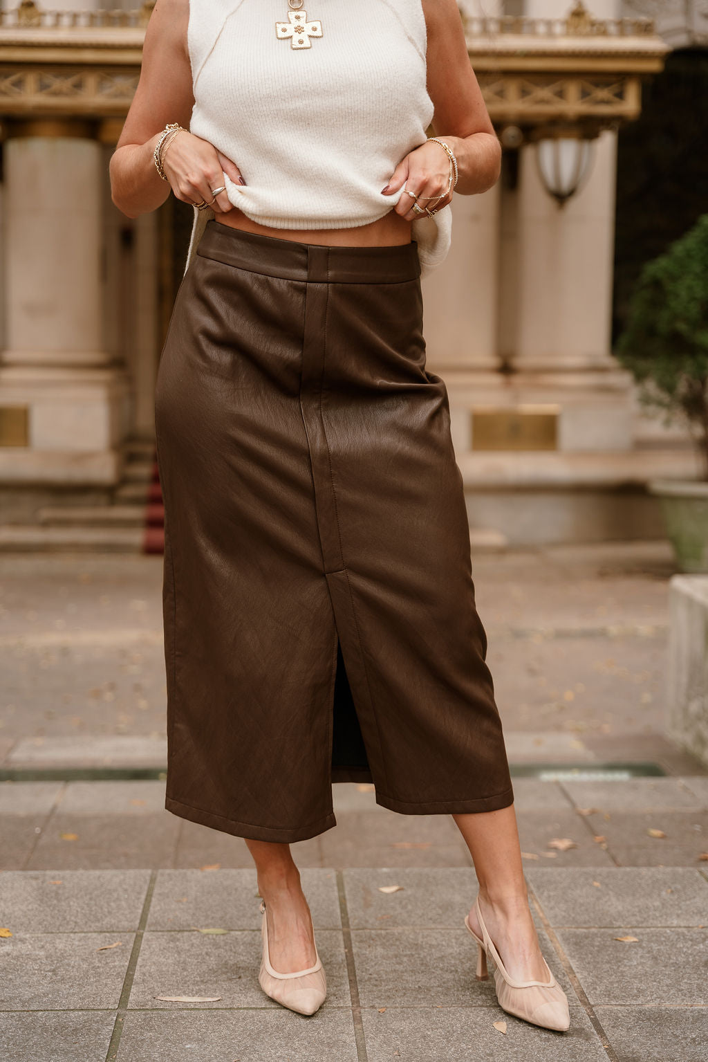 Emma Brown Faux Leather Midi Skirt- front view