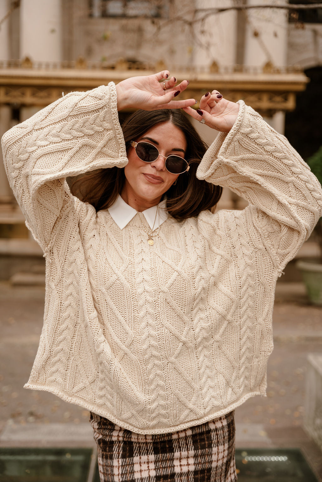 Selah Cream Cable Knit Flare Sweater- top view