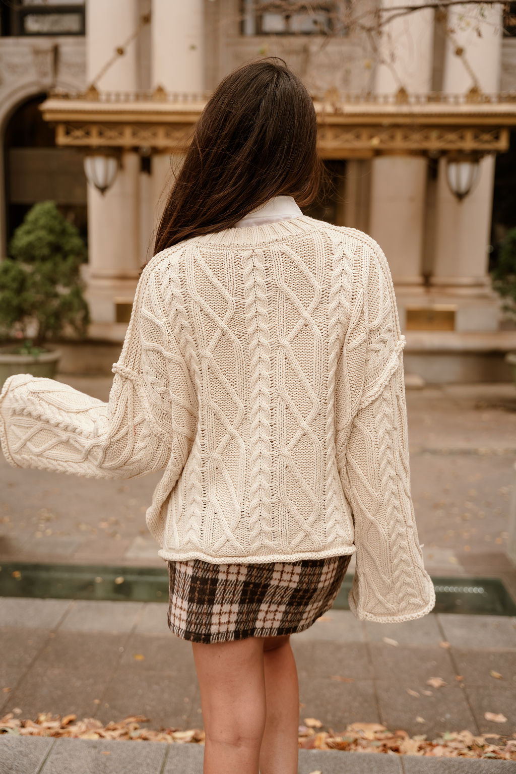 Selah Cream Cable Knit Flare Sweater- full back view