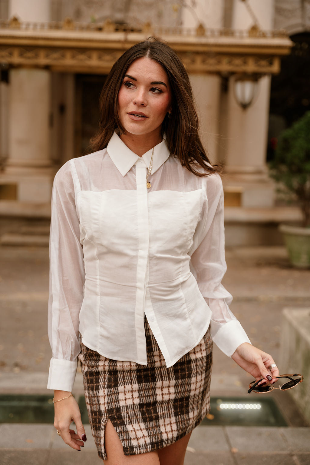 Elani White Sheer Button-Up Top- frontal top view